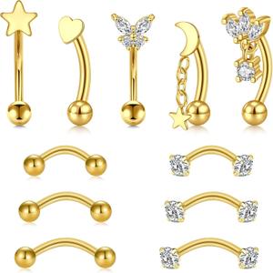 VCMART 16g Rook Earring Piercing Jewelry Stainless Steel Curved Barbell Eyebrow Rings Piercing Jewelry Vertical Labret Lip Jewelry Ear Rook Daith Surface Tragus Small Belly Button Ring for Women Men (B1 -gold)