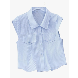 Womens Short Sleeve Tops Short Flutter Sleeves and Collared Neck, Casual Striped Shirt M