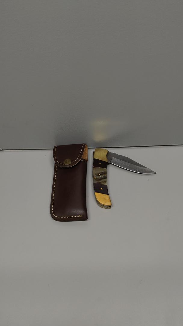 Poshland Steelware Custom Damascus Steel Folding Pocket Knife – Handmade, Compact for Outdoor, Camping, Hiking and Hunting (Brown)