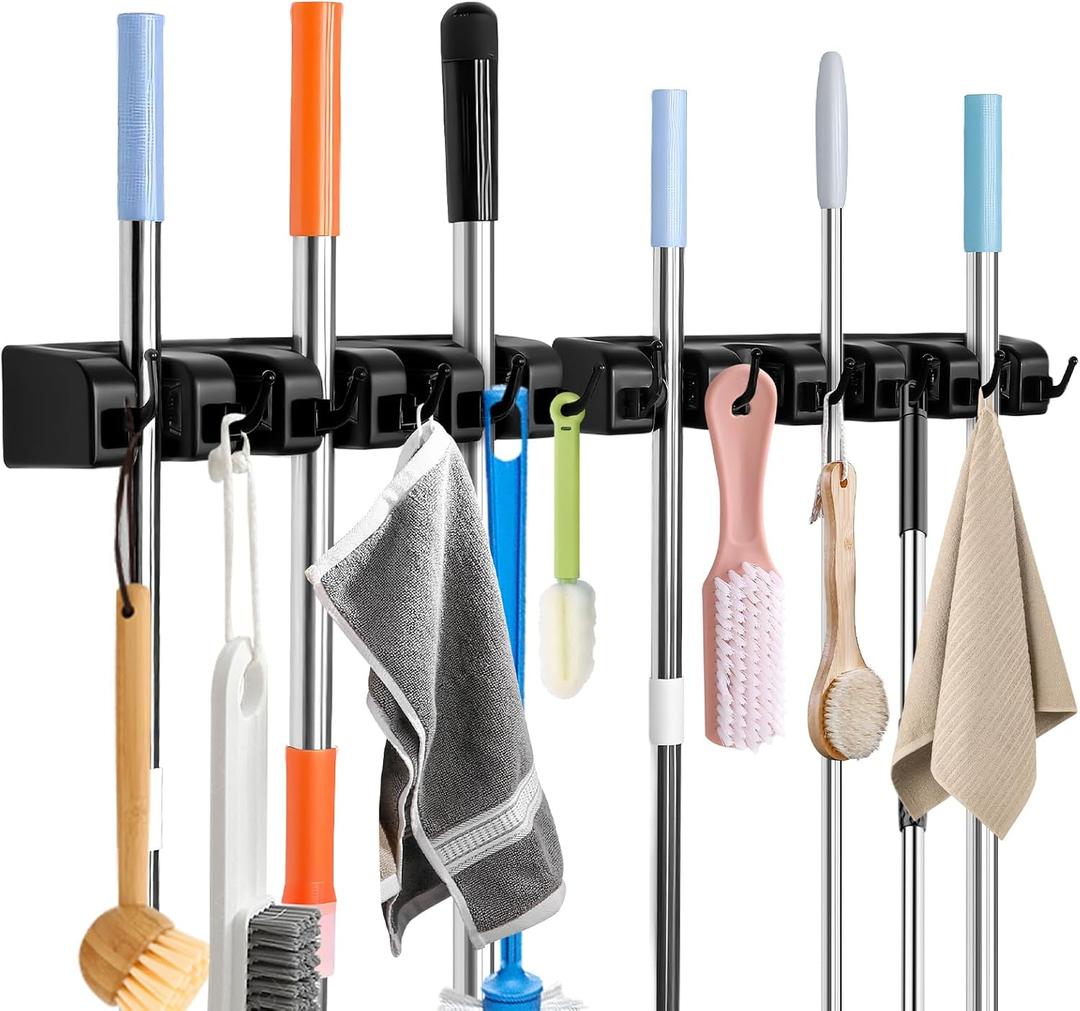 Broom and Mop Holder, Wall Mounted Organizer Mop and Broom Storage Tool Rack with 5 Ball Slots and 6 Hooks (2Pack)