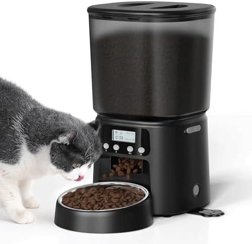 Petrice Automatic Cat Feeder, 4L/16Cups Cat Food Dispenser with Stainless Steel Bowl Programmable 30 Portions 6 Meals per Day, Timed Pet Feeder for Kitty Small Dogs with 10S Voice Record, Black