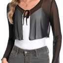 Women's Mesh Shrug Tie Front Cropped Bolero Cardigan Long Sleeve Top Sheer Shawl for Evening Dress (Black,S)