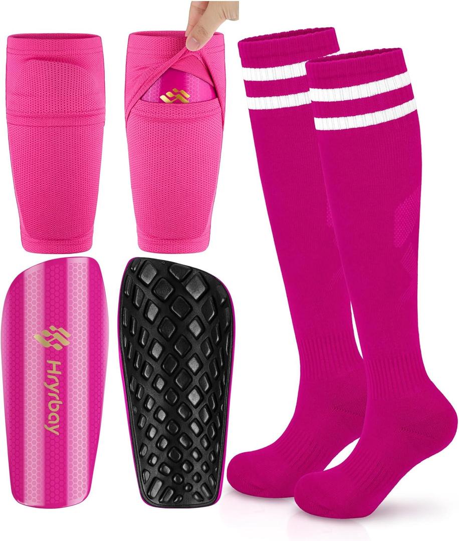 Hryrbay Kids Soccer Shin Guards Toddler Shin Pads with Sleeves and Socks for Age 3-16 Protective Lightweight Soccer Equipment Ideal for Playing Training Inspired by The World Cup Rose Red L