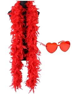 Colorful Feather Boas 45g, 6.6ft Feather Boa for Women for Dancing Wedding Party Halloween,with Heart Sunglasses (Red)