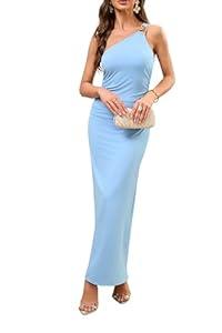 ZTMZA Women's Summer One Shoulder Maxi Dresses Sleeveless Bodycon Metal Decor Formal Wedding Guest Cocktail Dress Sky Blue, S