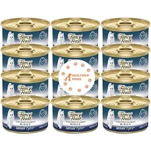 Fancy Feast High Protein Senior Gravy Wet Cat Food, Tuna Feast Minced in Gravy Senior 7+ Pack of 12 Cans ( 3 oz. ) with Healthier Paw Sticker BBD: 08-2026