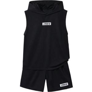 Boy's 2 Piece Workout Outfits Graphic Sleeveless Tank Top Hoodie and Track Shorts Sports Set (Black), Size: 15Y