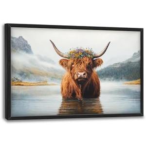 Framed Large Wall Art for Living Room, Highland Cow Canvas Wall Decor, Large Mountain Animal Pictures Framed Painting, Natural Landscape Artwork for Bedroom Office Home Decor 36L'' × 24W''