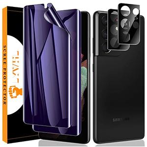 LYWHL [2+2 Pack] for Samsung Galaxy S21 Ultra Privacy Screen Protector [Support Fingerprint ID] Anti-Blue Light Eye Protection Anti-Spy Anti-Glare Purple Flexible Film + Camera Lens Glass Protector
