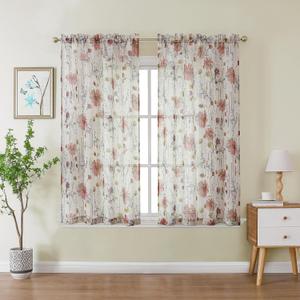 OWENIE Crushed Kitchen Window Curtains 45 Inches Length 2 Panels, Elegant Farmhouse Printed Short Semi Sheer Curtains for Cafe Bathroom Bedroom, Light Filtering Rod Pocket Curtain, 42Wx45L inch (Multi Color)
