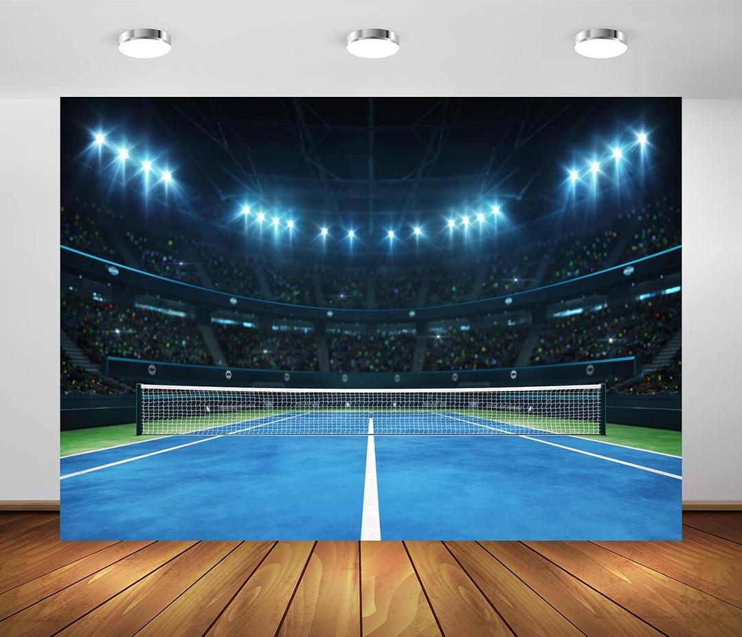 BELECO 7x5ft Fabric Tennis Sport Backdrop Tennis Court Stadium with Spotlights Fans Sports Background for Party Decorations Photo Booth Shoot Studio Props