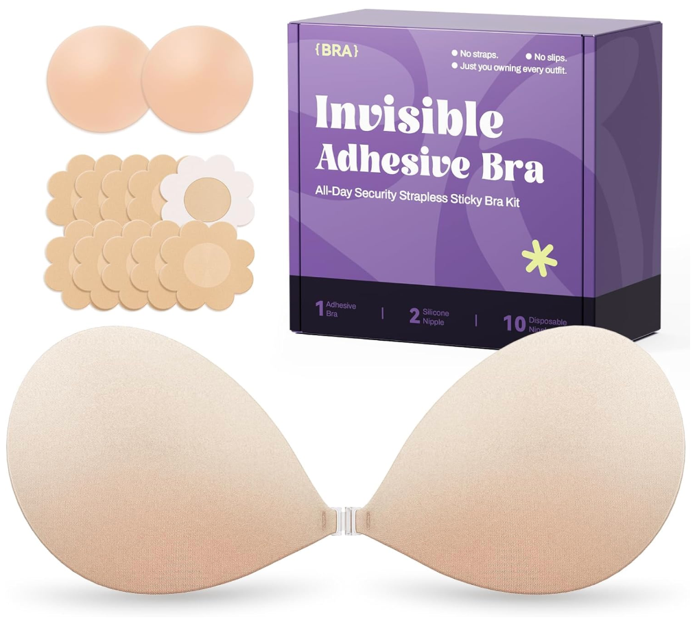 Invisible Strapless Sticky Bra Push up for Women, Ultra Adhesive Bra for Backless Dress, Cleavage Bra Lift Novelty Bras (B Cup, Beige)