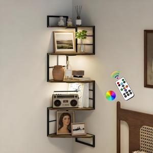 Corner Floating Shelves with Lights - 5 Tiers Corner Shelf Wall Mounted, Bookshelf with LED Light, Floating Shelves for Wall Decor, Display Shelf for Bedroom, Living Room, Office & Home-Brown