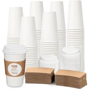 DAILYLIFE 16oz Disposable Coffee Cups with Lids & Sleeves-100 Pack, To Go Coffee Cups, Bulk Thickened Paper Cups for Hot Drinks, Leak Proof & DIY Customizable for Home, Office, Parties and Stores