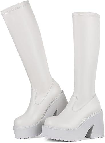 AMINUGAL Womens Elastic Knee High Platform Chunky Block High Heel Sock Boots Zipper Round Toe Fashion Motorcycle Combat Punk Boots For Women, 8.5