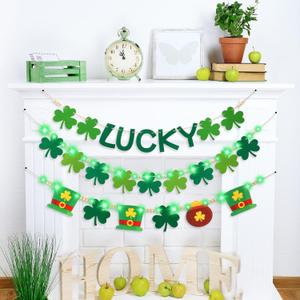 5 Pcs St. Patrick's Day Decorations Set 3 Pcs Felt Lucky Banner Garland with 2 Pcs Green LED Lights - No DIY Lucky Cap Leaf Garland for Home Classroom Office Decor
