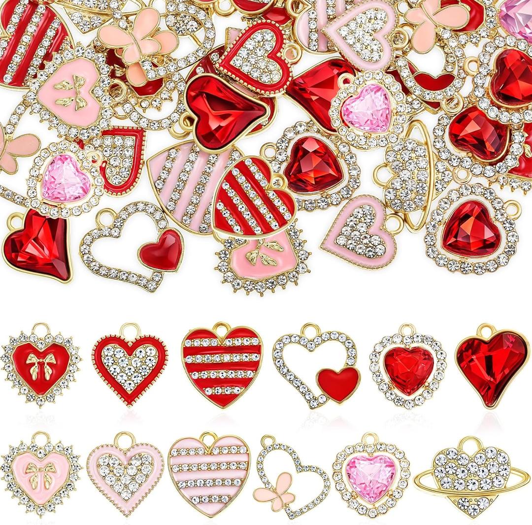 Landical 48 Pcs Valentine's Day Charms for Jewelry Making Assorted Gold Enamel Red and Pink Heart Jewelry Pendants for Bracelet Necklace Earring Craft Making Supplies
