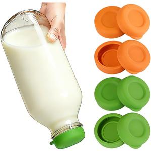 8 Pack Glass-Bottles Replacement Lid, Airtight Silicone Milk Bottle Caps Compatible with 48mm Stanpac Bottle, Dishwasher Safe Reusable Glass Milk Jugs Bottle Caps (No Bottle), Orange+Green