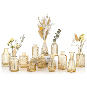 Amber Glass Bud Vases Set of 12, Gold Mini Flower Vase for Centerpieces, Small Vases in Bulk for Wedding Decorations, Vintage Vase for Table, Recepetion, Home Décor