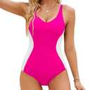 One Piece Swimsuit Women's 2025 Tummy Control Slimming Bathing Suit Modest One Piece V-Neck Push Up Swimwear Hot Pink Small