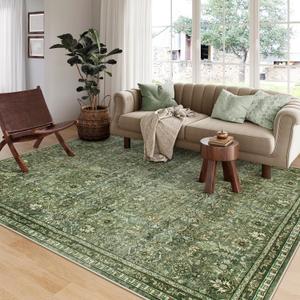 Morebes Boho Green Rugs for Living Room 8x10, Floral Washable Rugs for Bedroom Dining Room Non Slip, Large Soft Low Pile Indoor Floor Carpet for Farmhouse Office
