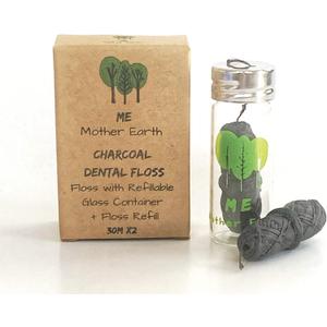 Vegan Biodegradable Bamboo Charcoal Dental Floss with Refillable Glass Container | Free Refill | Natural Candelilla Wax | 30M x2 | Peppermint Essential Oil | Eco Friendly Zero Waste Oral Care