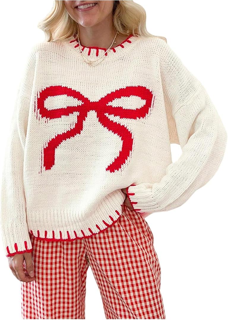 SOLY HUX Women's Y2k Bow Sweater Crewneck Long Sleeve Knit Pullover Tops Oversized Sweaters (L)