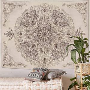 Wegklazax Vintage Floral Mandala Tapestry, Intricate Botanical Wall Art for Room Decor, Elegant Sketch Aesthetic Home Decor 60" L x 44" W (Ivory)