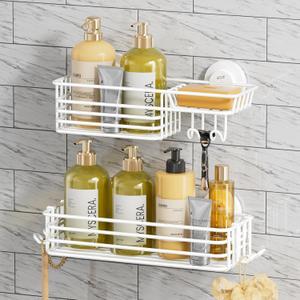 TAILI Shower Caddy Suction Cup 2 Pack with Hooks & Soap Holder, Heavy Duty Shower Organizer for Bathroom, No Drilling Bathroom Organizer with Large Capacity, Metal Storage Basket-White