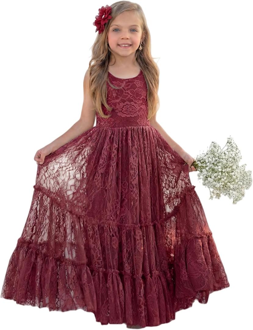 LalaMira Flower Girl Dress Lace Boho Toddler Dresses Ruffle Girl Dress for Wedding Garden Party Holiday Communion Sleeveless (2T, Burgundy)
