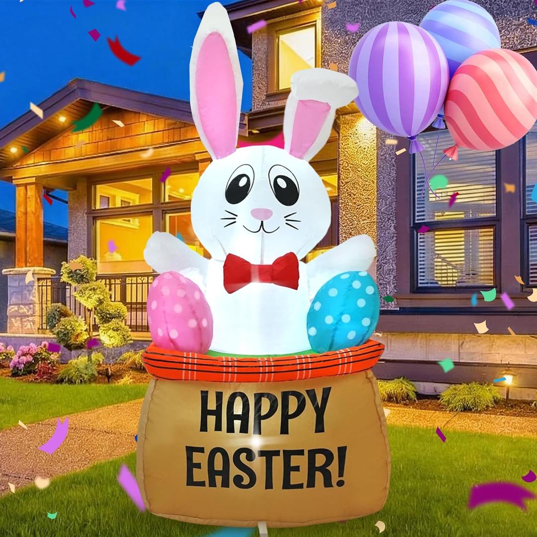 HZGDEJTG4FT Egg Basket Bunny Easter Inflatable Outdoor Decoration, with Built-in LED Light, Suitable for Gardens, Patios, Outdoors, Lawns, and Parties.