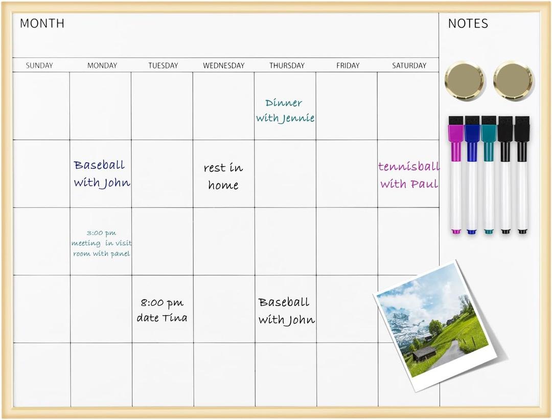 Magnetic Monthly Calendar Whiteboard, 17'' x 13'' Dry Erase Calendar for Wall Office School Home, Gold Wooden Frame