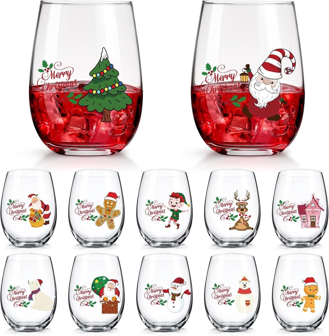 Singhoow 12 Pcs Christmas Drink Cooler Glasses Bulk 12 oz Merry Xmas Stemless Drink CoolerGlass Funny Tree Santa Snowman Drinking Cups Xmas Party Gift for Family Friends Party Event(Christmas)
