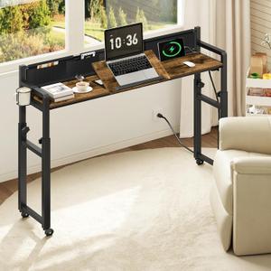 Overbed Table with Wheels, Height Adjustable, Recliner Table with Charging Station and Laptop Stand, Rolling Table with Storage and Cup Holder, Side Table for Living Room, Bed Room, Rustic Brown, 43.3" x 11.8" x 31.5"