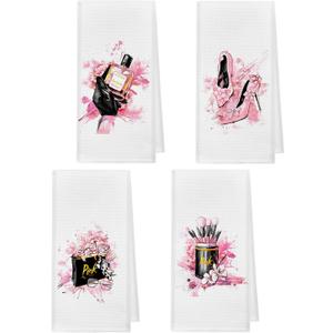 kunlisa Pink and Black Towels Bxathroom Sets Decor, Modern Makeup Brush Perfume Black and Pink Kitchen Dish Towels, Bathroom Hand Towels Set of 4 (Woman2)