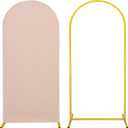 Metal Arch Stand and Cover Set,1 Nude Spandex Fitted Backdrop with 1 Gold Wedding Arched Stand Frame for Parties Birthday Baby Shower Bridal Banquet Decoration (5FT)