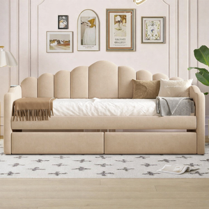 Modern Stylish Twin Size Velvet Upholstered Storage Daybed with Charging Station- Beige