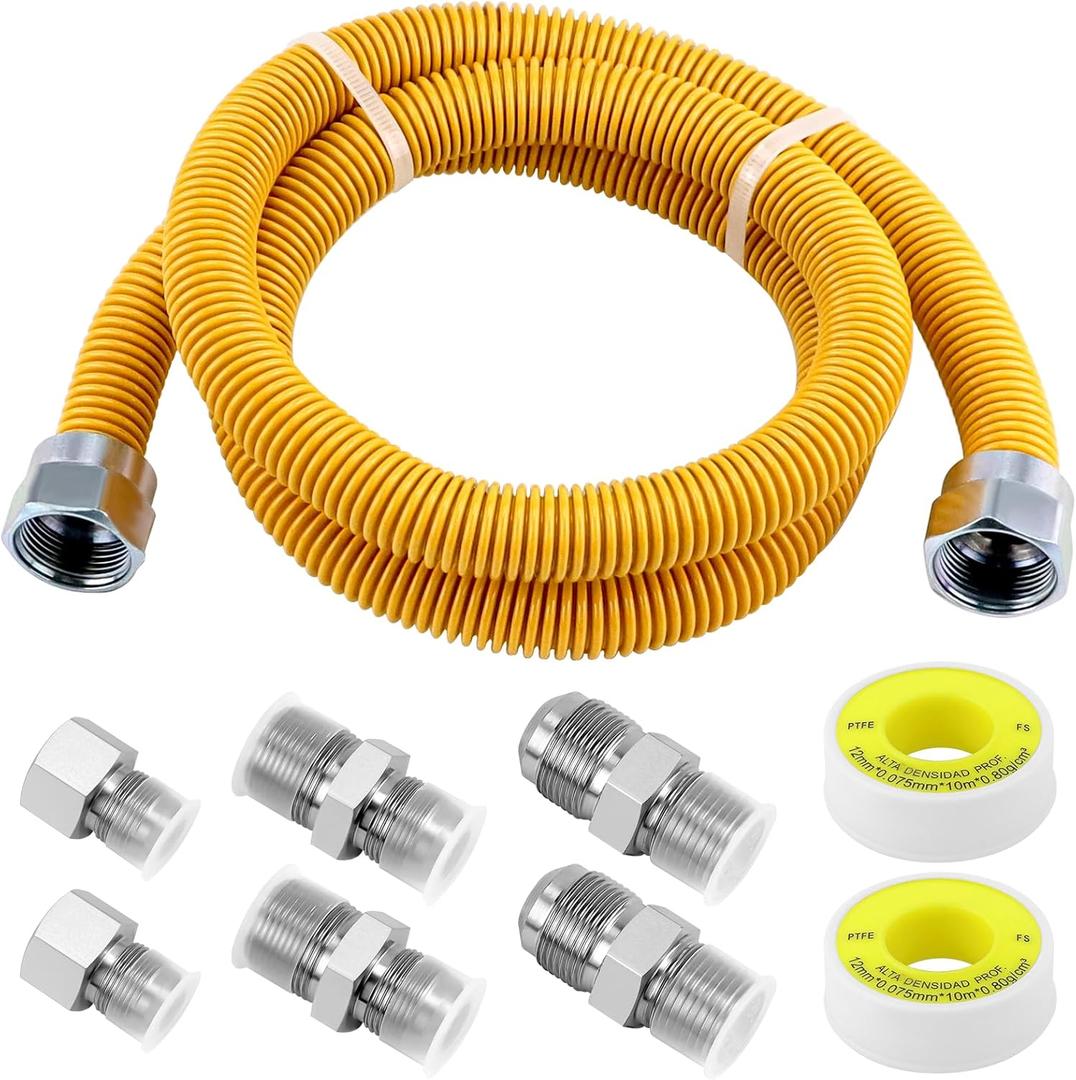 AMI PARTS 48" Flexible Gas Line Kit Yellow Coated, Gas Hose Connector Kit for Dryer, Stove, Water Heater,5/8" OD(1/2" ID) Stainless Steel Gas Line with Connector 1/2" MIP &1/2"FIP & 3/4"MIP Fitting