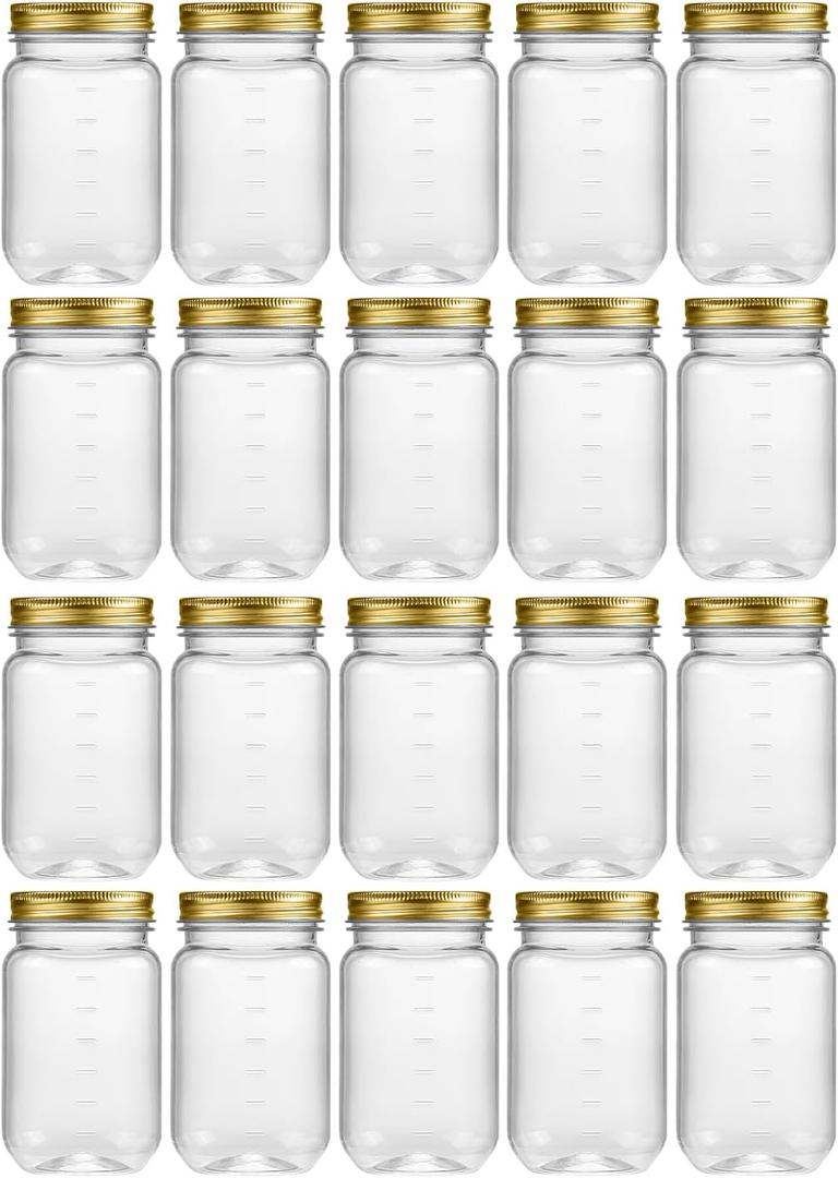 novelinks 16 oz Clear Plastic Jars with Lids, Refillable 16oz Mason Jars with Lids & Storage Containers for Kitchen & Household Use (20 Pack,Gold)