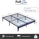 Full Metal Platform Bed Frame with LED Light Strip & Charging Station, 12.6” Heavy Duty Steel Slat Support, Noise-Free, Anti-Slip Mattress Stopper, No Box Spring Needed, Easy Assembly, Black