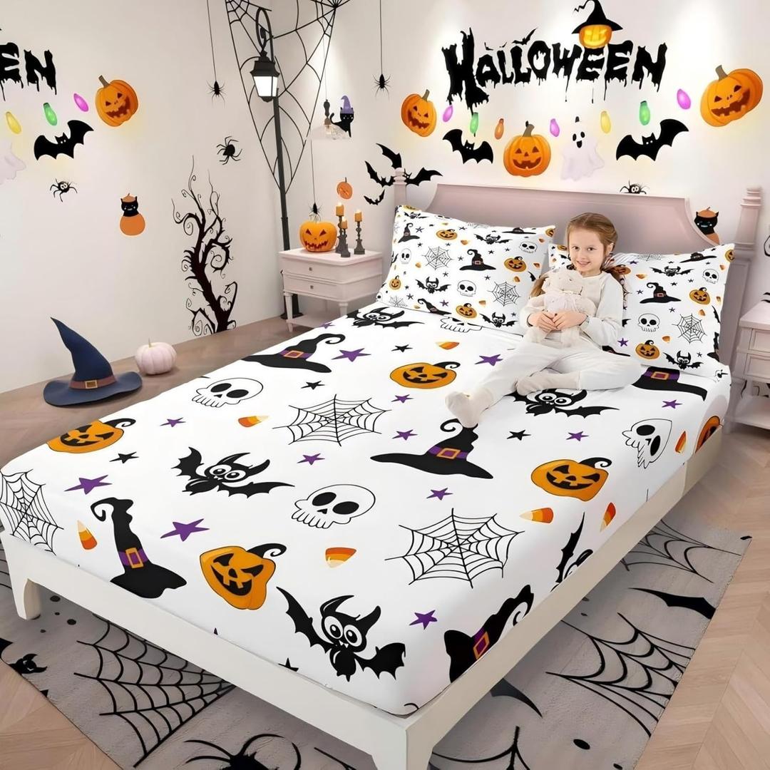 Bats Halloween Decoration Pumpkin Fitted Sheet Witch Hat Bed Sheets Spider Web Bedding Set Twin,Bones Galaxy Stars Sheets Cartoon Skeleton Spooky Spider Webs Halloween Decorations Indoor (Multi 04)