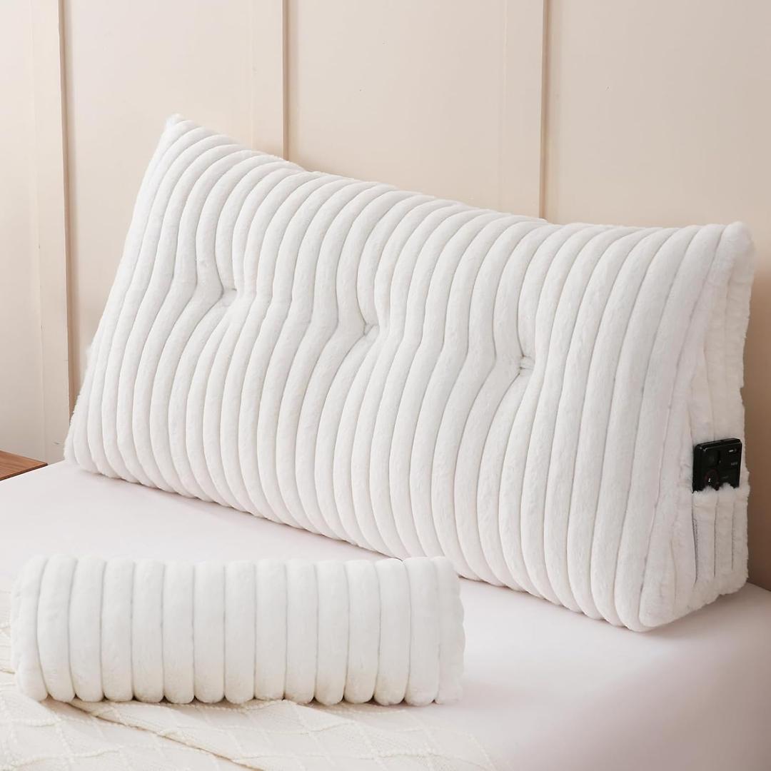 YOUR MOON Large Wedge Headboard Pillow Twin for Back with 1 Roll Pillow, Triangular Wedge Reading Pillows Headboard for Bed Sitting Up Sleeping, Backrest Cushion with Shredded Memory Foam, White