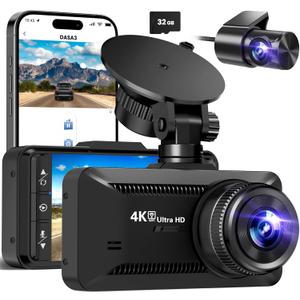 Dash Cam Front Rear 4K/1080P, Dash Camera for Cars Build in WiFi, Full HD Dash Cam with APP Control, 3.94 IPS Screen Dash Camera with 32GB SD Card, G-Sensor, WDR, 24Hr Parking Mote, Loop Recording (Black)