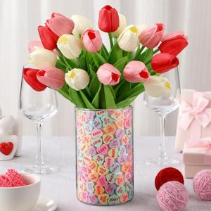 24 Pcs Artificial Tulips Flowers 13 Inch Fake PU Tulip Stems with Conversation Hearts for Easter Spring Vase Filler Wedding Home Decor