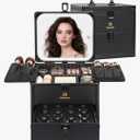 Relavel Makeup Bag with LED Mirror, Dual Layer Cosmetic Train Case with Light up Mirror Large Travel Makeup Artist Organizer Bag for Women with Adjustable Dividers & Nail Polish Organizer, Blac