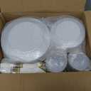 N9R 350PCS Gold Plastic Dinnerware Set for 50 Guests, Include: 50 Dinner Plates, 50 Dessert Plates, 50 Pre Rolled Napkins with Silverware and 50 Cups, White and Gold Disposable Plates for Party