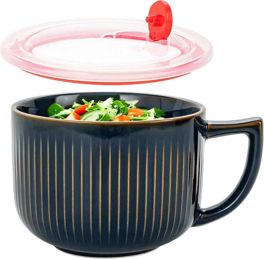 Pyrilo 38oz Ceramic Soup Bowls with Handle & Lid, Large Soup Mugs, Microwave & Dishwasher Safe Ceramic Soup Bowl for Cereal Oatmeal Ramen Instant Noodle Salad, Blue (2 Pack)