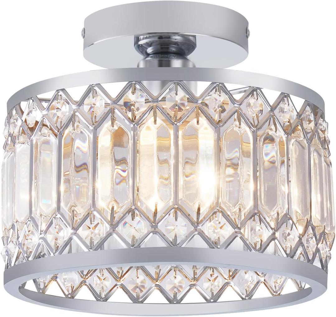 WimiSom Crystal Ceiling Light, Modern Semi Flush Mount Ceiling Lighting Fixture, Hand Woven Ceiling Light Fixtures Flush Mount for Hallway Bedroom Kitchen Entryway Living Room (Silver)