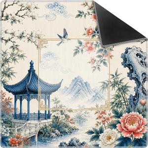 Chinoiserie Peony Floral Bird Mahjong Mat 31.5x31.5 Inch
