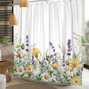 Floral Shower Curtain for Bathroom Daisy Lavender Leaves Spring Summer Plant Retro Flowers Shower Curtain for Beautiful Bathroom Decoration Curtains Waterproof Fabric 72x72 inch (Yellow Purple)